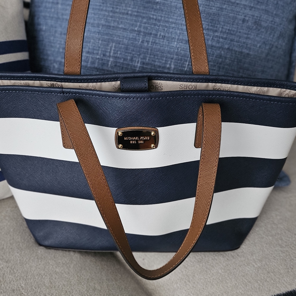 Michael Kors Striped Navy and White Tote with Tan Accents